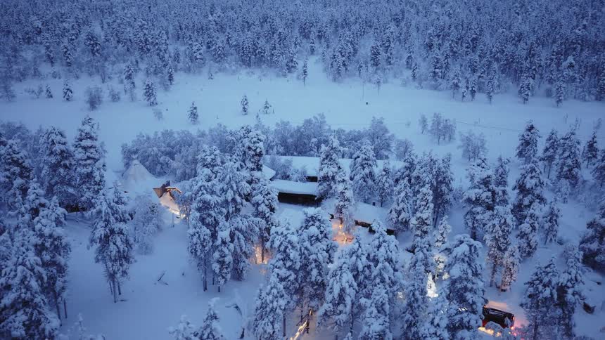 Lights glow from houses surrounded by trees in a snow covered forest