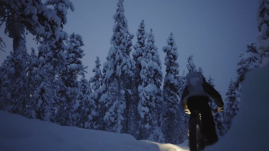 A person rides a bicycle through a snow covered forest at night