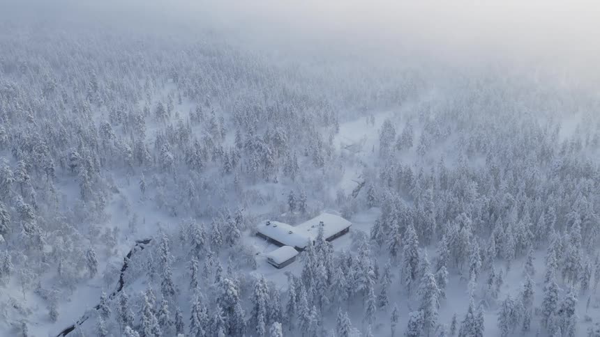 A building is located deep in the middle of a large forest in wintertime