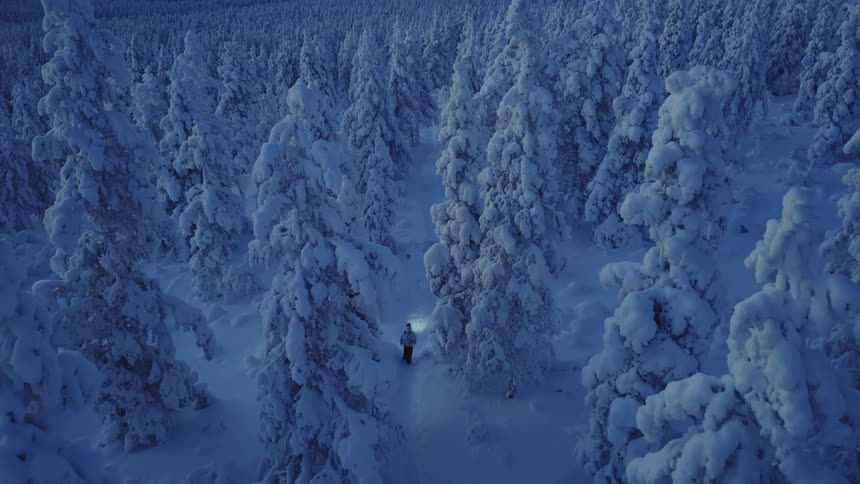 A lone person hikes through deep snow in a forest at night