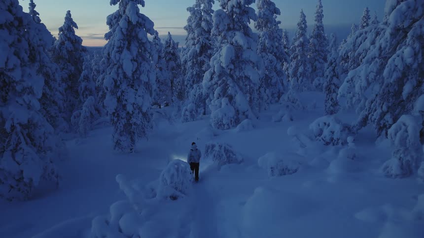 A lone hiker with a flashlight walks through a snow covered forest in the evening
