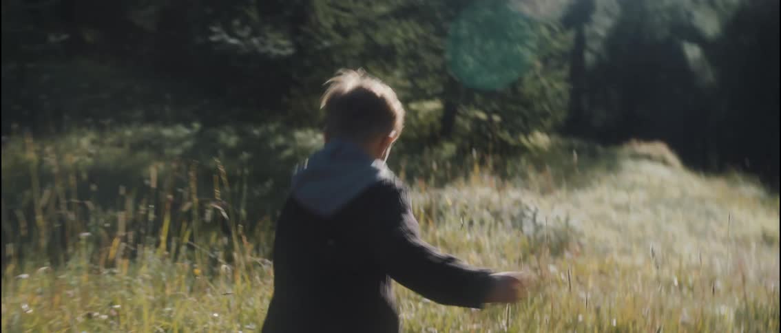 A young child runs through a sunlit meadow toward a dense forest with a dog and man walking nearby