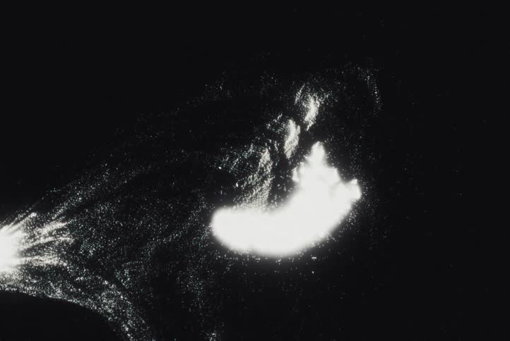 A cluster of bright white particles swirls through a pitch black void creating fluid light trails and glowing shapes that gradually disperse into a fine granular dust across the dark expanse