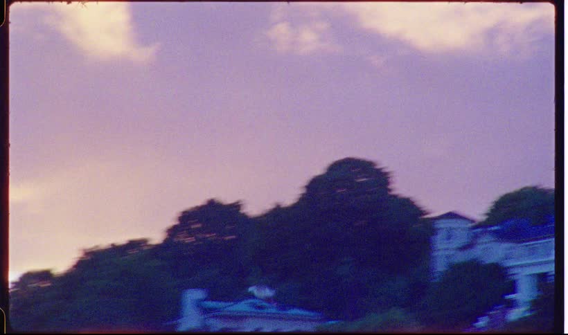 A view through a vintage camera lens shows a bird flying over green trees and a white building under a purple and orange sky during twilight