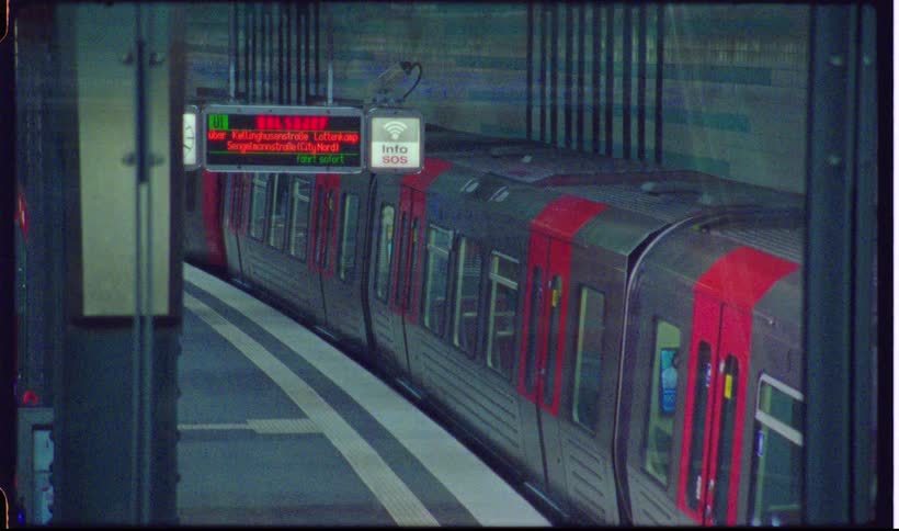 A subway train at a station