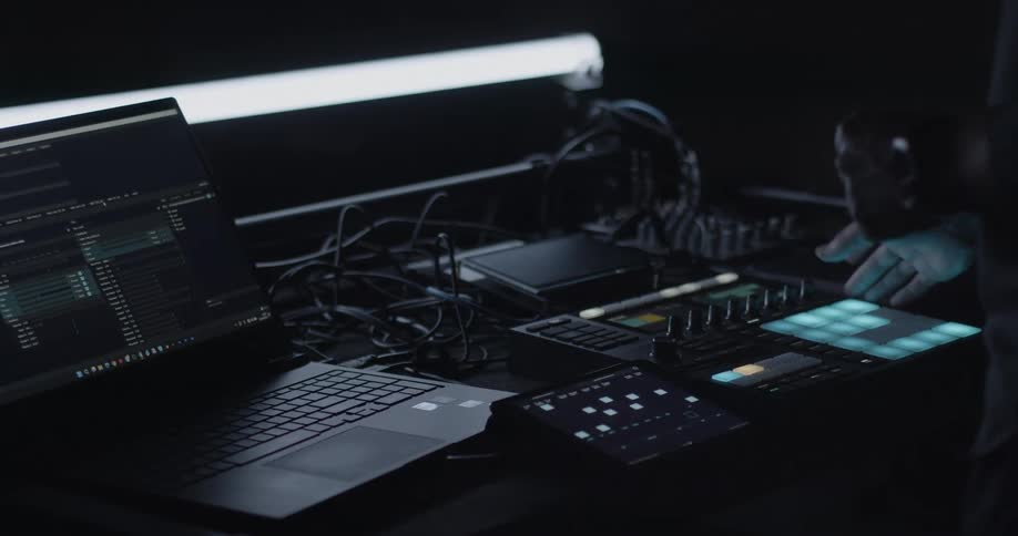 Man dances slightly in place while using audio equipment in a studio