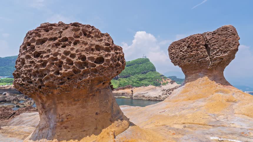 Honeycombtextured eroded rock formations on a coastal platform with green hills and sea in the background