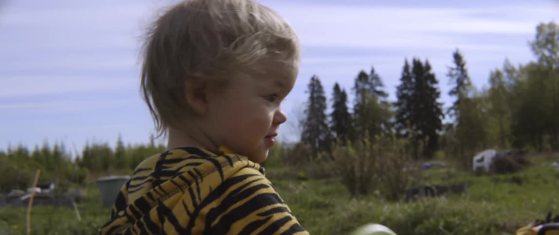 Young child exploring the outdoors while playing in a beautiful sunny meadow.
