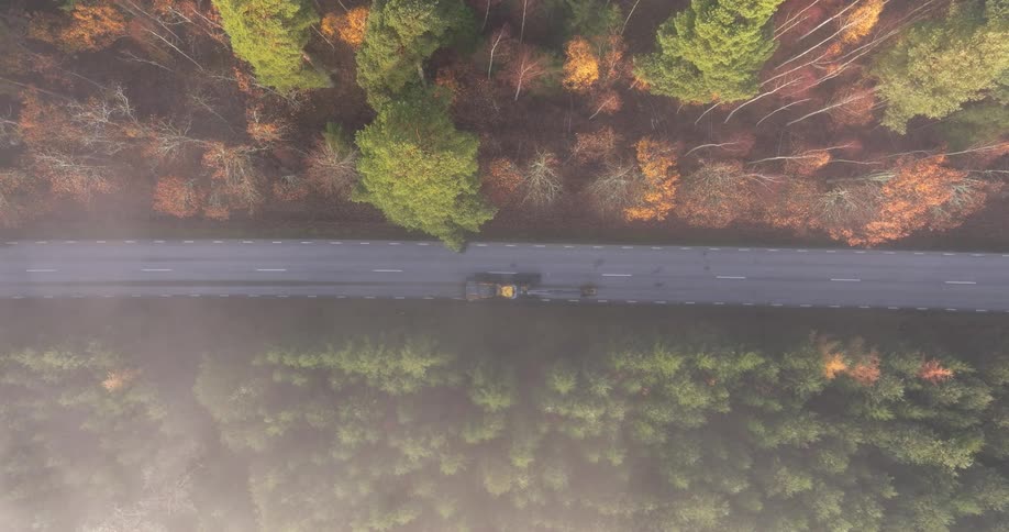 A top down drone shot shows a yellow tractor pulling a trailer along a straight road cutting through a dense forest with misty patches and colorful autumn foliage under soft morning light