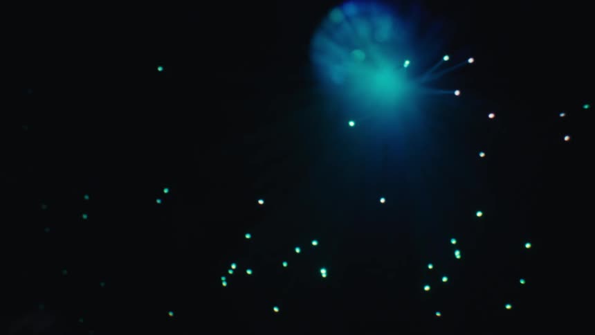 Filaments topped with dots of various colors stand over a dark area with a glowing colorful center