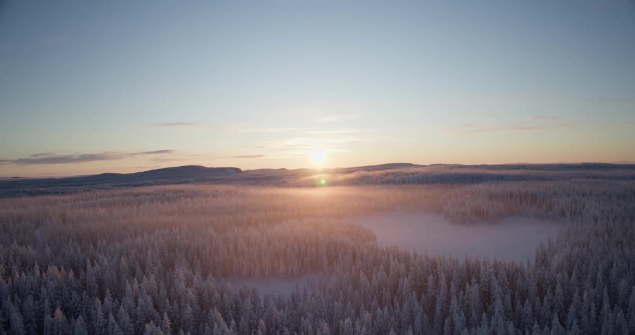 A vast winter forest covered in thick white frost during a golden sunrise where mist hangs low over the trees and a frozen lake sits nestled between rolling hills under a clear blue morning sky