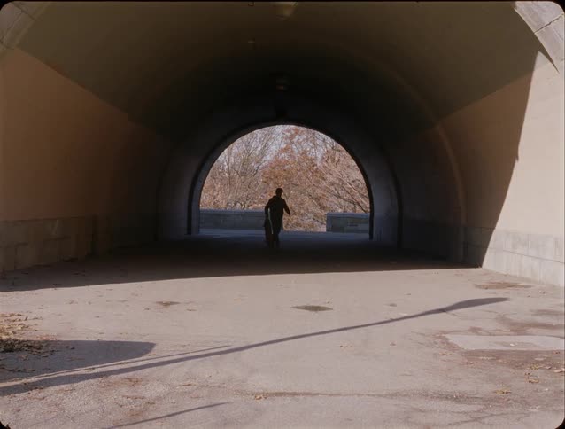 A male skateboarder in a jacket and pants rides his board through a wide concrete tunnel toward the camera as bright daylight illuminates the arched exit and bare autumn trees in the background