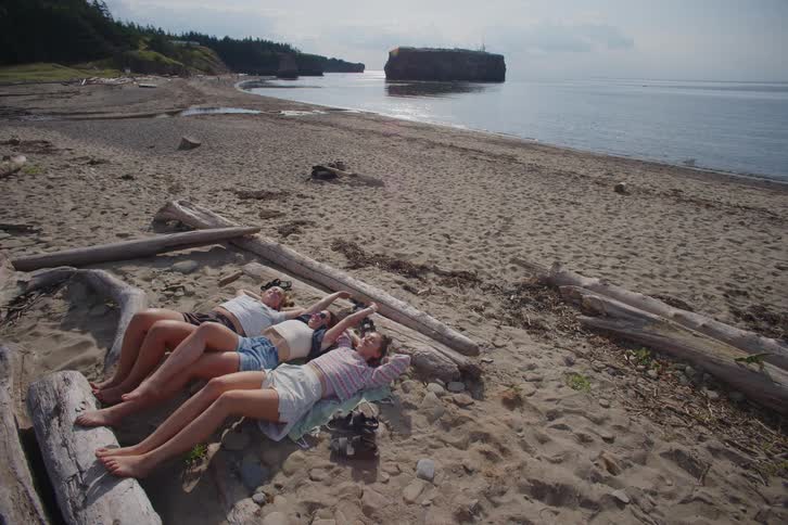 People lying on sand beside driftwood logs on a beach with calm sea and rocky island in the background