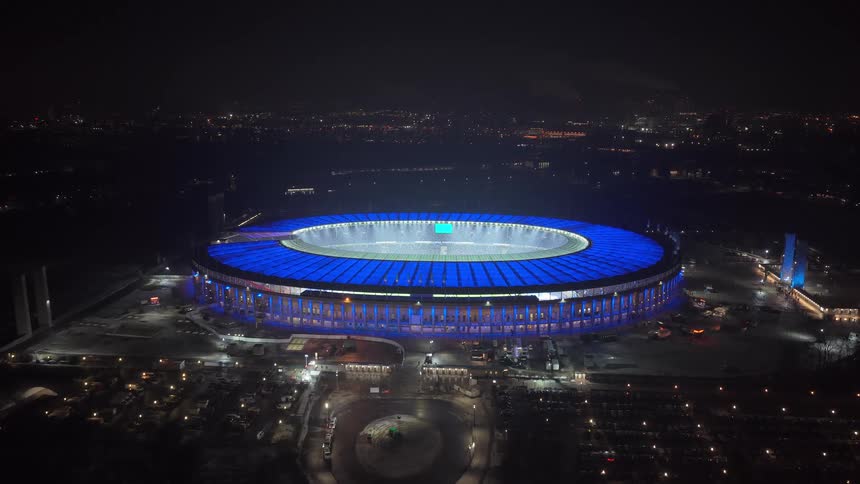 An aerial view of a stadium at night