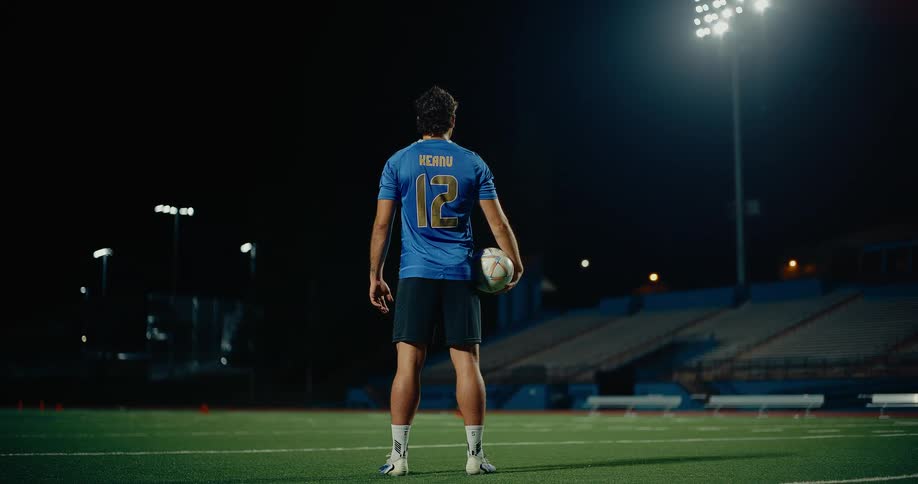 A man wearing a blue number twelve jersey stands on a green turf field at night while holding a soccer ball and looking toward the bright stadium lights and empty bleachers
