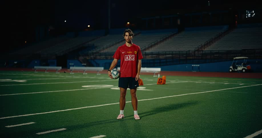 A soccer player standing on an athletic field at night here are two lines describing the scenea young man in a red manchester united jersey and black shorts stands centrally on a green turf field holding a soccer ball under his right armthe backgr