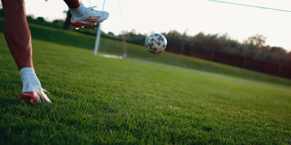 Male human leg kicking a soccer ball into a goal and then jumping on the air on a field surrounded by trees outdoors by day time