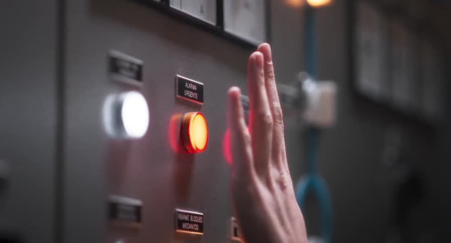 Machine on the wall with alarm buttons light up when a woman pushes one with her hand and they go out when her hand is removed