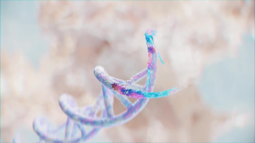Dna helix coils and grows against a white and brown cloud and a blue background