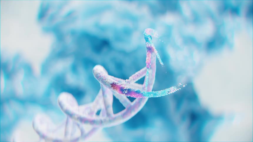 A 3d rendered model of a dna double helix rotates slowly against a blurred blue background