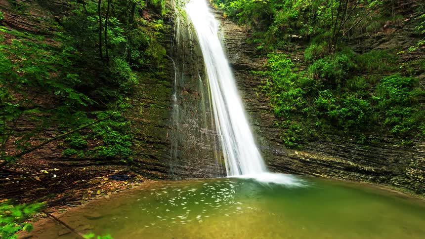A cliff in a rain forest has a small waterfall running down its side into a pond