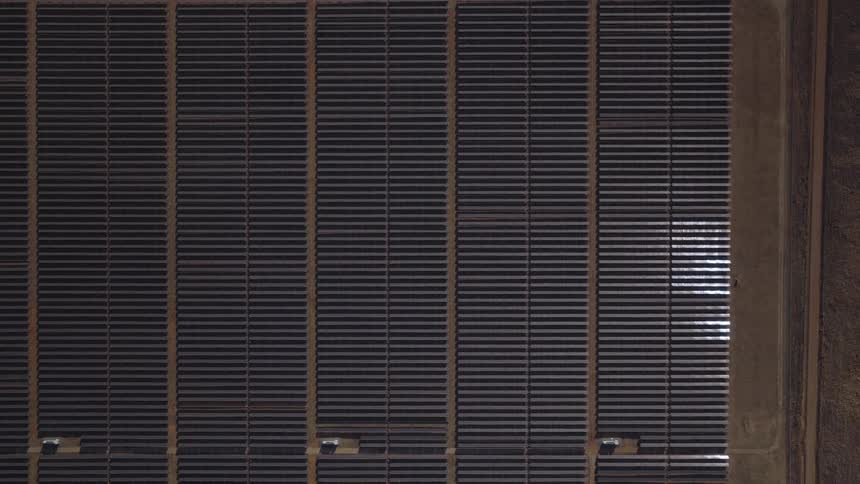 Aerial of solar panels on a very large solar farm