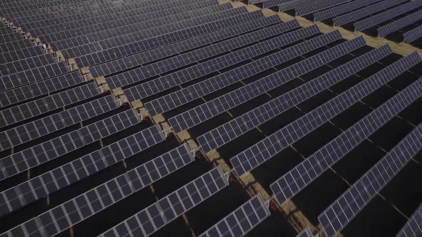 The field is covered with solar panels