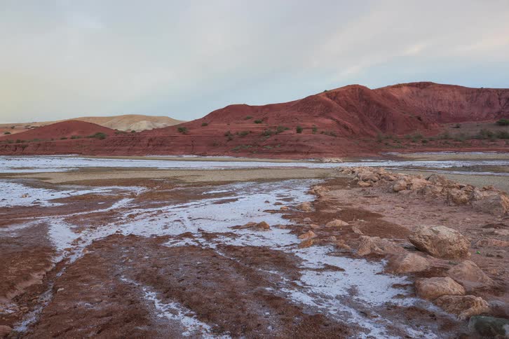 This wide landscape captures the transition from a damp salt flat to vibrant red mountains as the golden light of a setting sun hits the peaks under a pale sky filled with soft pink clouds