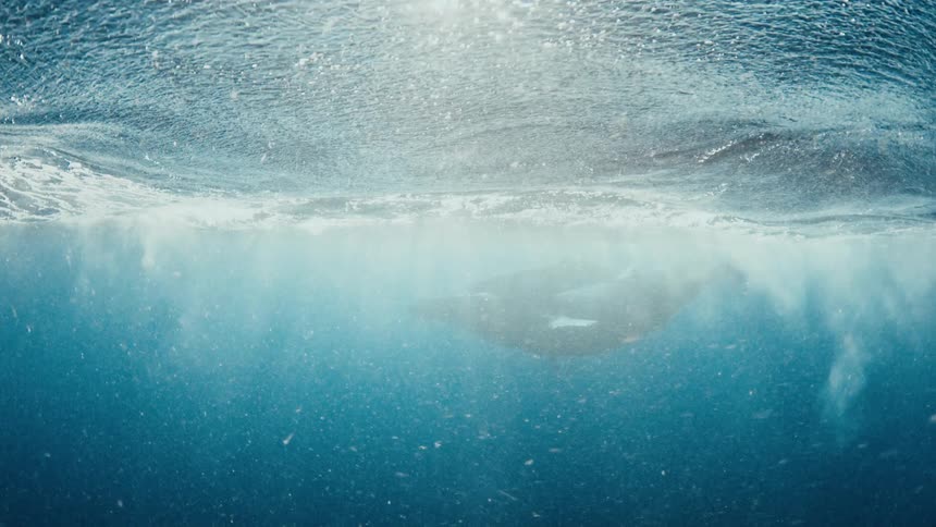 A view from beneath the water shows sunlight filtering through the surface while bubbles and ripples move across the water