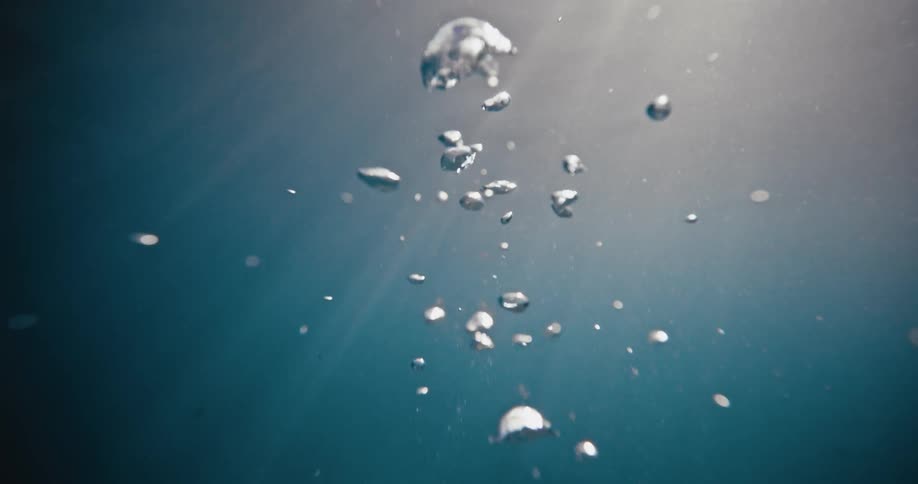 Air bubbles rise to the surface as a scuba diver swims over the seabed