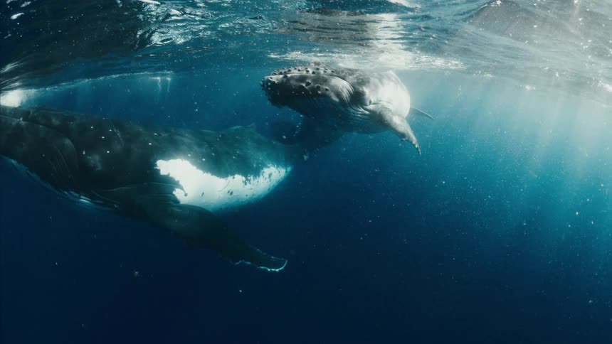 Two humpback whales swim gracefully just beneath the ocean surface while bright sunlight pierces through the blue water creating a serene underwater scene