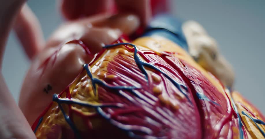 Anatomical model of a human heart showing muscles arteries and veins in different colors
