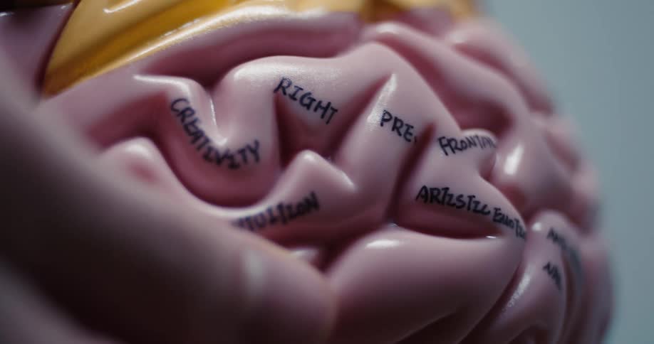 Closeup of a hand holding a pink anatomical brain model labeled with different cognitive functions