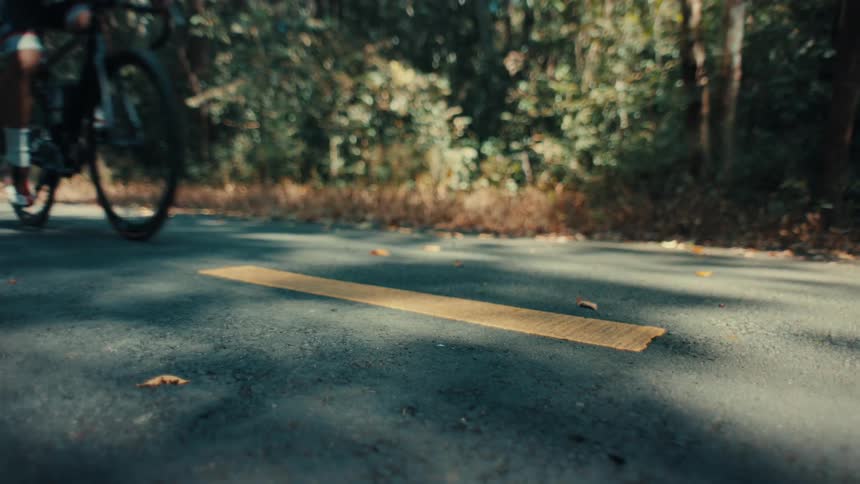 Bicycle wheel in motion on asphalt