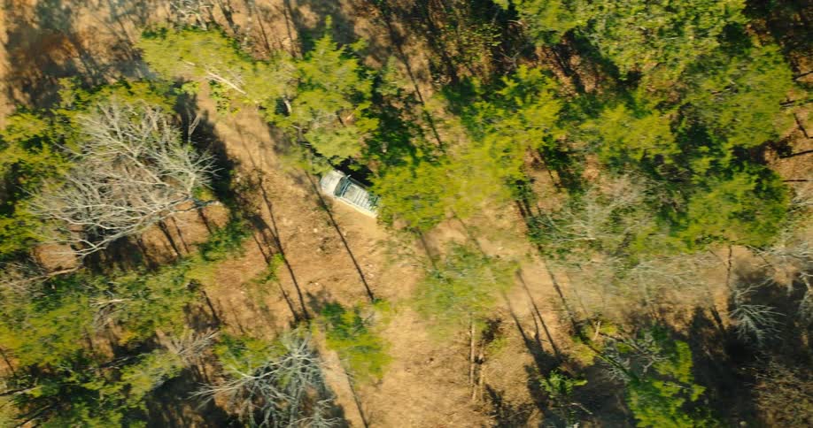 Aerial view of a van traveling on a dirt road through the woods