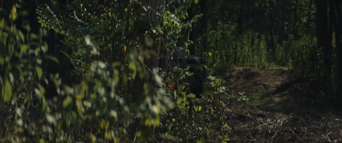 An offroad vehicle driving through a thick forest at midday
