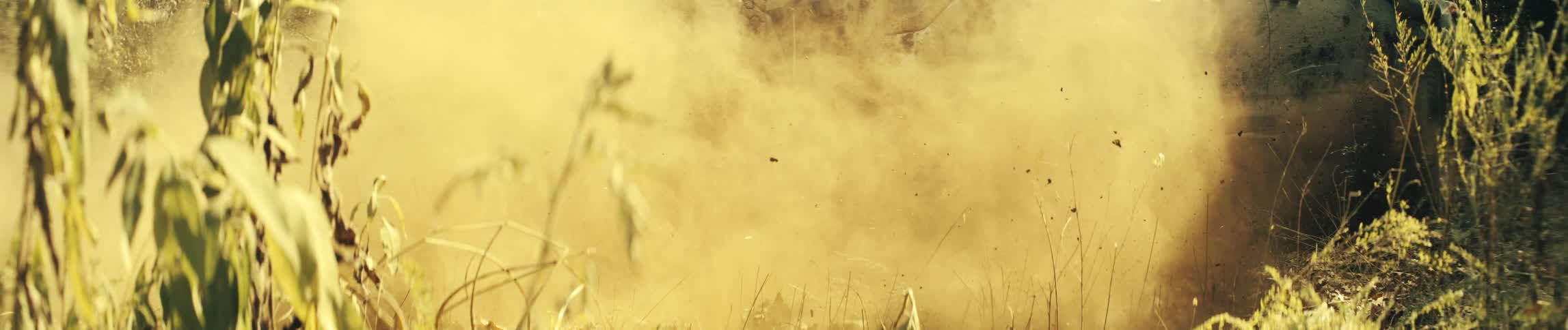 Suv accelerates on a dirt trail throwing dust and debris among vegetation