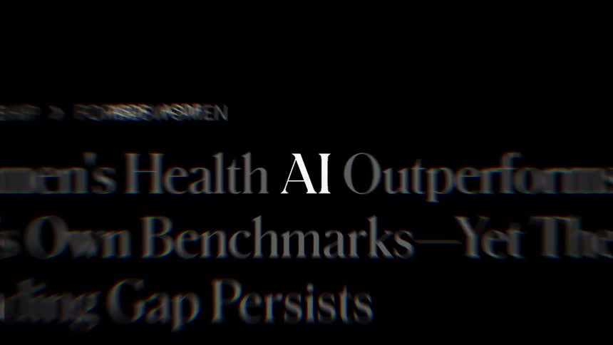 Various news headlines about artificial intelligence surveillance and generated videos scroll rapidly across a dark digital interface while a large white ai label remains centered