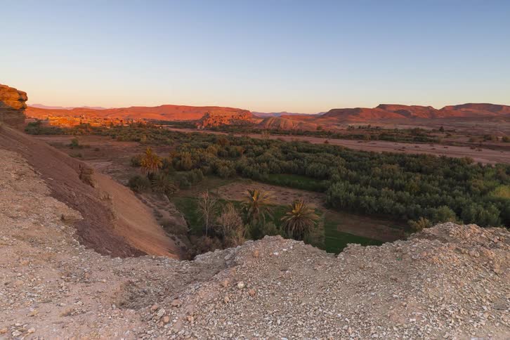 Valley with vegetation and palm trees surrounded by mountains in an arid region at sunset
