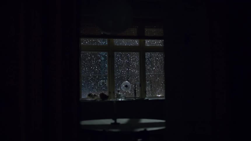 A view of snow falling through a window