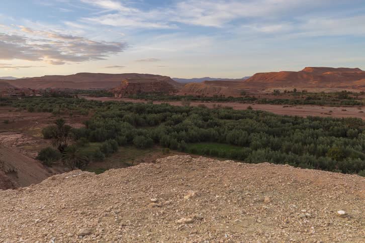 From a rocky overlook the vast desert valley unfolds with scattered greenery and distant mesas under a calm fading sky