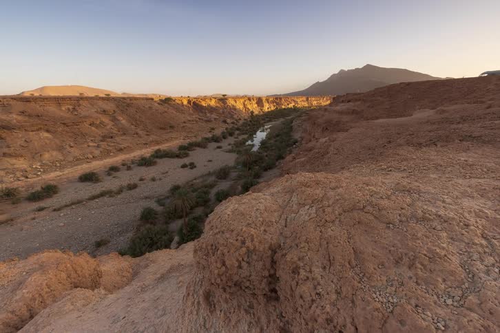 Rocky valley with vegetation and a water stream surrounded by arid terrain