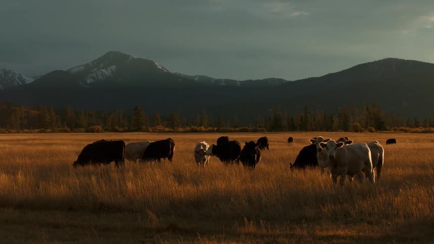 A herd of cattle grazes in a vast golden grassland at dusk with silhouetted mountains in the background