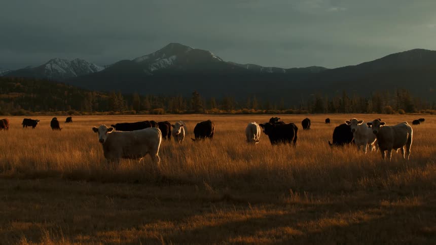 Herd pf cattle on a ranch grazing on farmland at sunset
