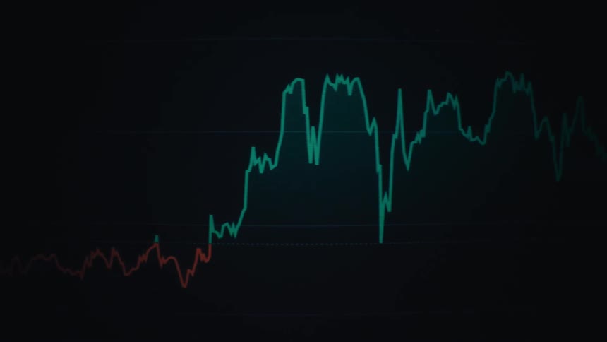 A line graph shows fluctuating stock data shifting into a rising trend against a dark background