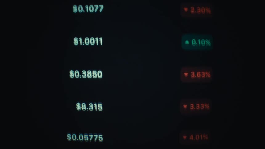 List of cryptocurrencies and dollar values displayed on a dark screen