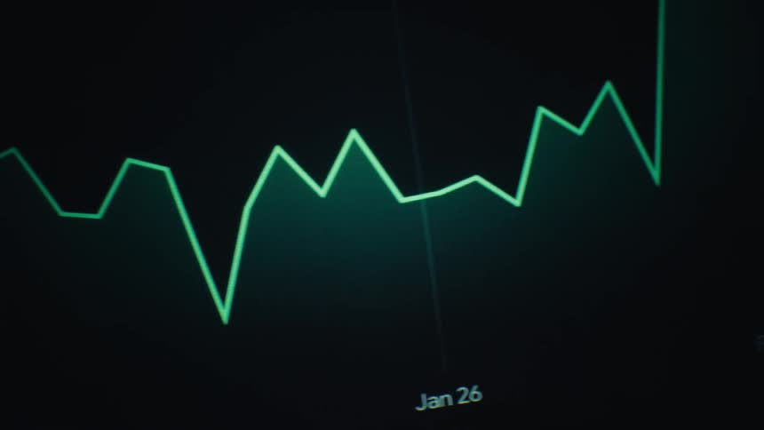 The primary visual is a dynamic jagged trend line that changes color and style throughout the clips in the initial shots it appears as a sharp white line tracing rapid price fluctuations later it shifts to a vibrant green glowing line that follows