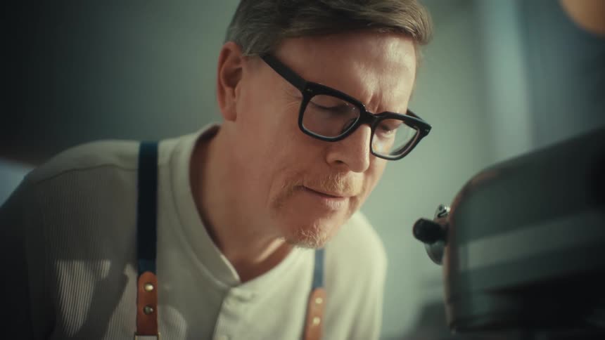 Man wearing glasses and an apron observes a mixer while mixing dough