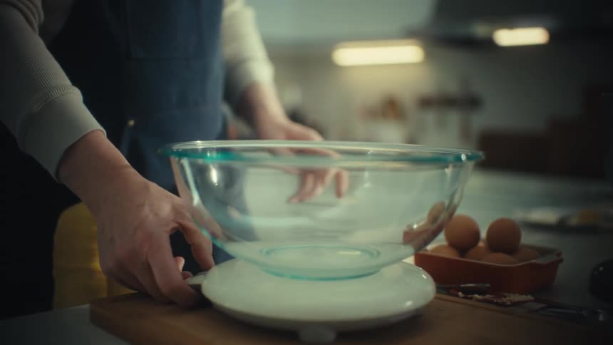 A person wearing a dark apron places a glass mixing bowl on a white digital scale to weigh ingredients in a kitchen