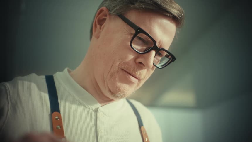 A middleaged man wearing suspenders and glasses cooking in the kitchen at midday